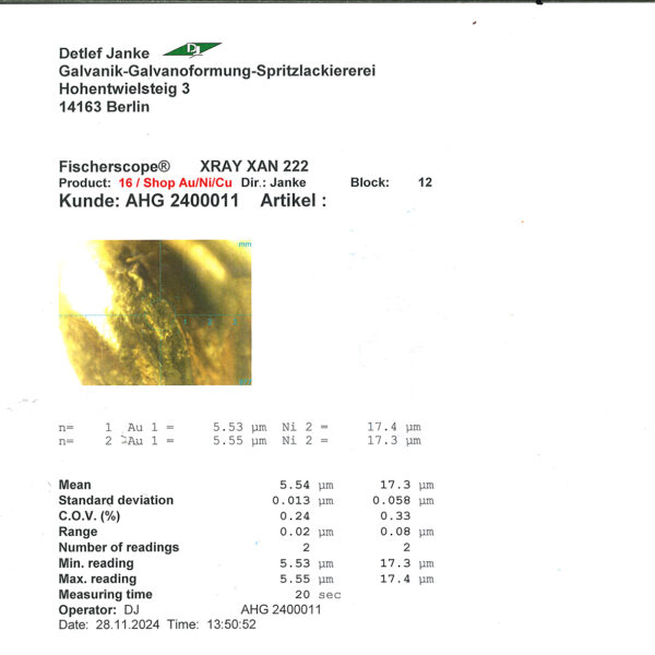 Tränendes Herz (AHG2400011) vergoldet als Kettenanhänger. Messprotokoll